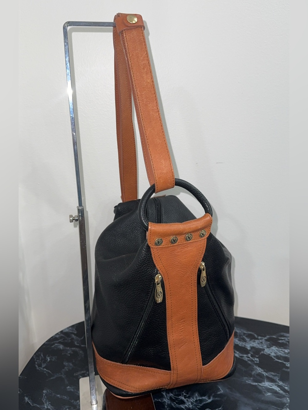 Valentina Pebbled Genuine Leather Black Bucket Sling Bag Backpack AUTHENTIC - Picture 2 of 15